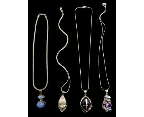 Silver amethyst pendant necklace, pearl, amethyst necklace and two other stone set necklaces, all stamped 925 l Condition Rep