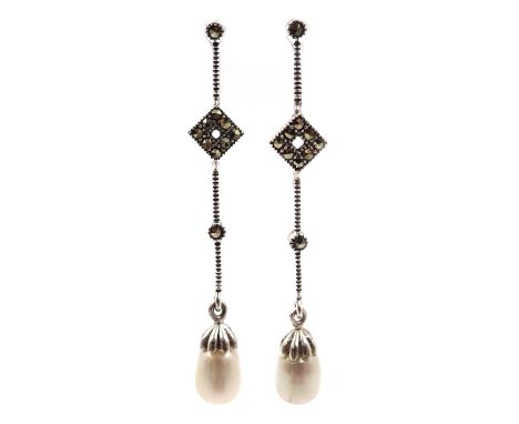 Pair of pearl and marcasite silver drop earrings stamped 925 Condition Report Click here for further images, condition, aucti