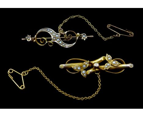 Gold split seed pearl, flower design bar brooch stamped 15ct and one other similar bar brooch, hallmarked 9ct  Condition Repo