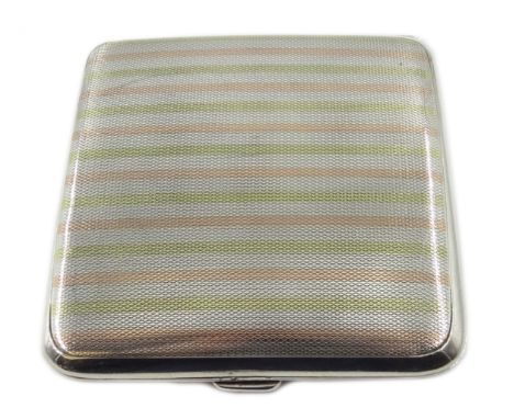 Silver cigarette case with gilt interior, yellow and rose gold striped engine turned decoration by A M & M Ltd, London 1925, 