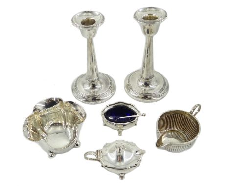 Pair of silver dwarf candlesticks by Williams (Birmingham) Ltd, Birmingham 1911, silver dish by Henry Wilkinson & Co, London 