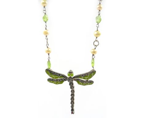 Silver and enamel peridot pearl and marcasite dragonfly necklace stamped 925 Condition Report Click here for further images, 