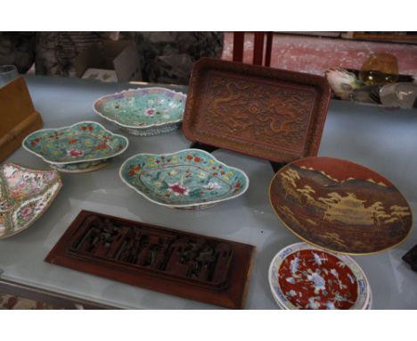 A small collection of Oriental porcelain, an enamel tray, a lacquered tray and other items