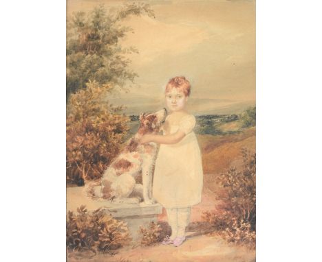 English School (19th Century) Portrait of a young girl with a dog in an open landscape Watercolour over graphite 31cm x 23cm;