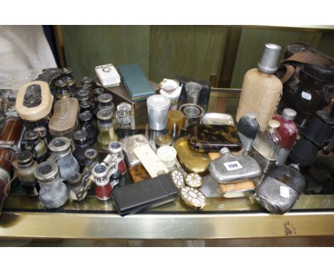 Collection of opera glasses, binoculars, compass, hipflasks, trinket boxes etc 