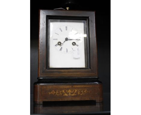 A 19th Century French rosewood inlaid mantel clock, Leroy Paris, Roman numeral enamel dial (crack to enamel), 22cm high (excl
