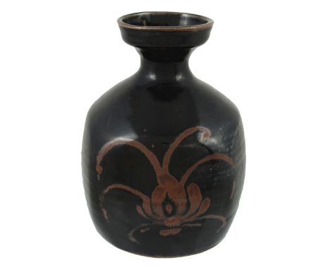 Lowerdown Pottery (David Leach, British, 1911-2005), a stoneware bottle vase, rich tenmoku glaze with iron wax resist stylise