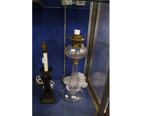 A Matthew Boulton style brass lamp, 46cm high (sold as parts) and a glass oil lamp converted to a table lamp (sold as parts),