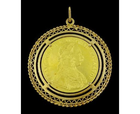 Austria 1914 restrike four ducat gold coin loose mounted in an 18ct gold fancy frame as a pendant, stamped 750Condition Repor