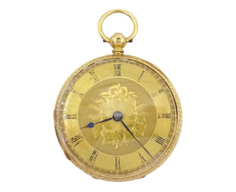 Victorian 18ct gold open face keyless lever pocket watch, No. 21362, gilt dial with Roman numerals, engraved floliate and mas