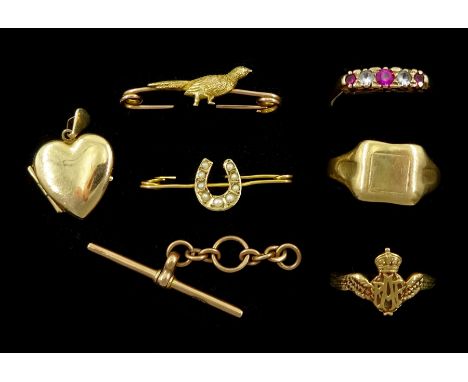 Group of 9ct gold jewellery including RAF sweetheart ring, signet ring, ruby and white stone ring, heart shaped locket pendan