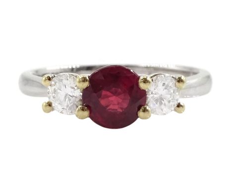 18ct white gold three stone ruby and round brilliant cut diamond ring, hallmarked, ruby approx 1.00 carat, total diamond weig