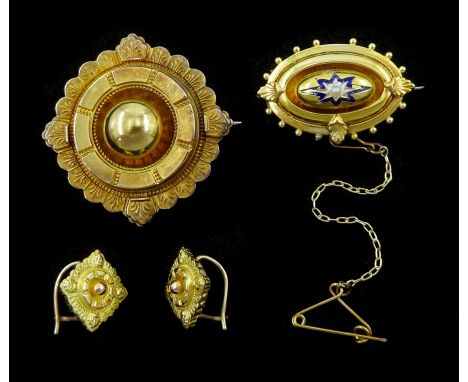 Victorian gold Etruscan revival brooch, with a glazed locket back, similar pair of gold earrings and one other gold enamel an