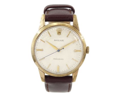 Rolex Precision gentleman's 9ct gold manual wind wristwatch, dial with baton hour markers, on brown leather strapCondition Re