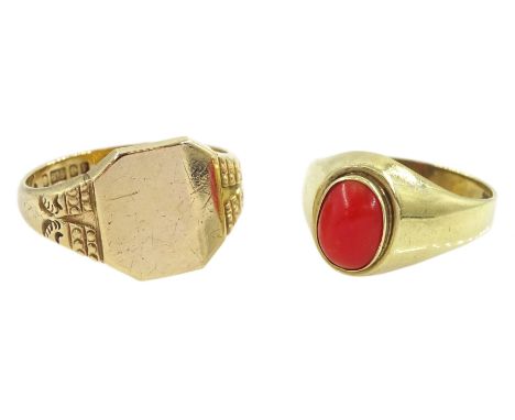 9ct gold signet ring, Birmingham 1995 and an 8ct gold coral ring, stamped 333 (2)Condition Report:9ct gold signet ring approx