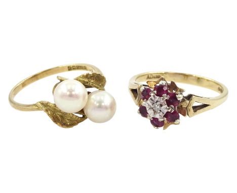 Gold ruby and diamond cluster ring and a gold two stone cultured pearl crossover ring with leaf shoulders, both hallmarked 9c