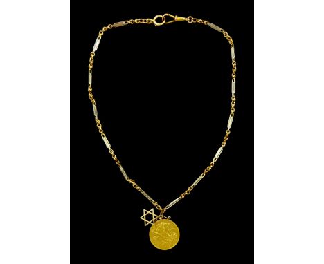 King George V 1913 gold half sovereign coin, soldered mount, on white and yellow gold fancy link chain necklace, with Star of