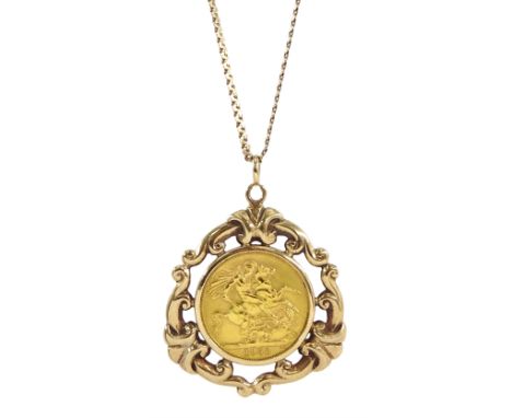 Elizabeth II 1958 gold full sovereign coin, loose mount in a fancy gold pendant, on gold link chain necklace, both 9ctConditi