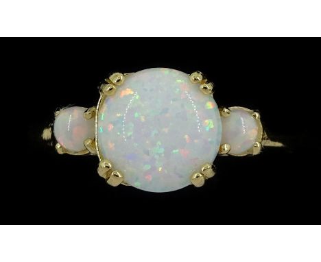 Silver-gilt three stone opal ring, stamped 925Condition Report:Size R-S, good condition