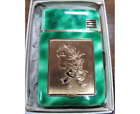 A Mid XX Century Vintage Combination Case with Compact, with mottled green case incorporating cigarette lighter, gilt floral 