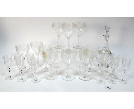 A Suite of Mid XX Century Webb Glassware, all etched with fruiting vines, the part fluted bowls raised on knopped stems and c