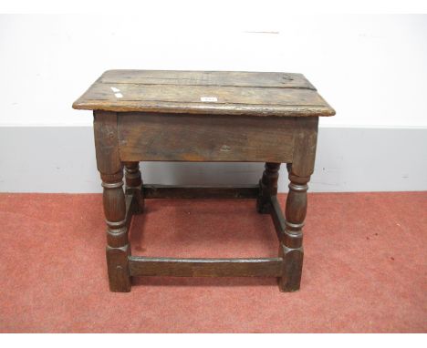 A XVII Century and Later Joined Oak Stool, the top with moulded edge, on turned and block supports united by stretchers, 45cm