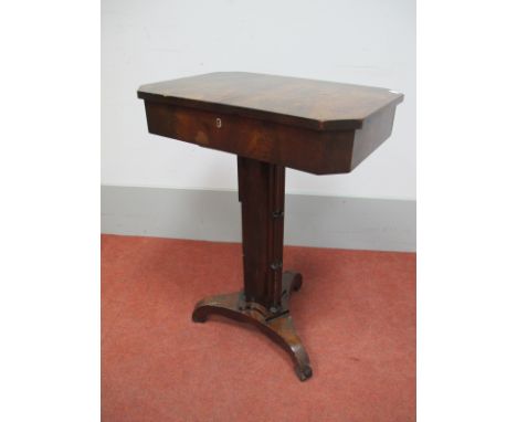 An Early XIX Century Mahogany Sewing/Work Table, the hinged lid with canted corners, fitted and compartmentalised interior, m