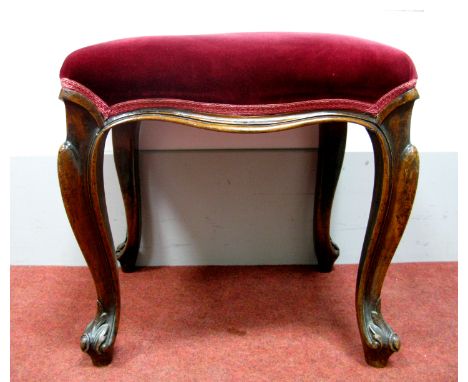 A XIX Century Walnut Stool, with upholstered seat, on cabriole legs, 43cm high, 45cm wide.