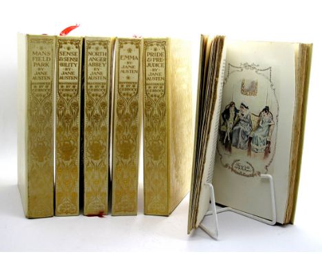 Jane Austen Six Volume Set, colour illustrations by C.E. Brock, first editions dated 1907-1909, pub. J.M. Dent & Co., London,