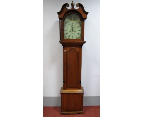 An Early XIX Century Oak Eight-Day Longcase Clock, the white dial with Roman numerals, two subsidiary dials and painted with 