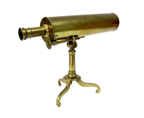 A XIX Century Brass Reflector Telescope, the barrel with side adjuster, detachable end cover, tripod support, 35.5cm long ove