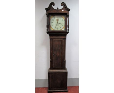 An XVIII Century Oak and Mahogany Thirty-Hour Longcase Clock, the white dial painted with batwing spandrels and rose and insc