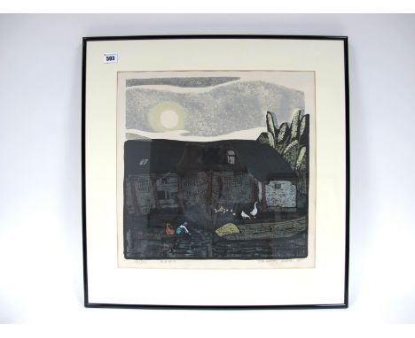 ZHU BWEIMING (b.1948) Farmhouse with Figure and Poultry, limited edition colour print, signed, inscribed in Chinese, dated 19