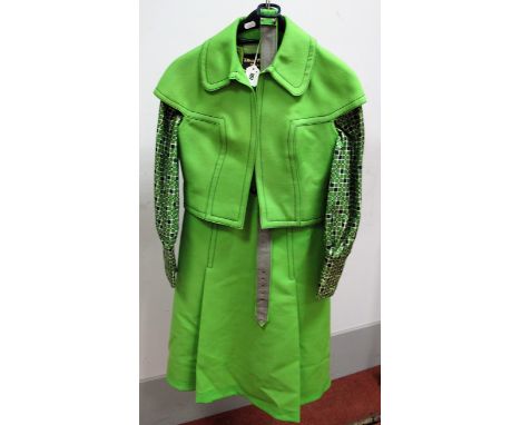 A c.1960's/1970's Dress and Jacket Outfit, by Diana Warren, Blackpool, in lime green, the dress with contrasting print sleeve