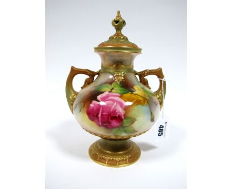 A Royal Worcester Porcelain Two Handled Vase and Cover, of globular footed form, painted with pink and yellow roses within gi