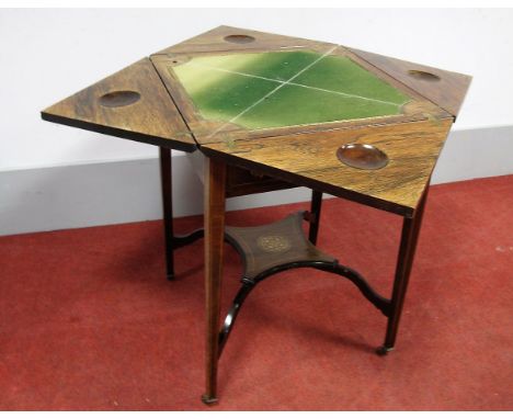 A Late XIX Century Rosewood Envelope Card Table, the four hinged leaves with marquetry urn inlay, baized interior, guinea wel