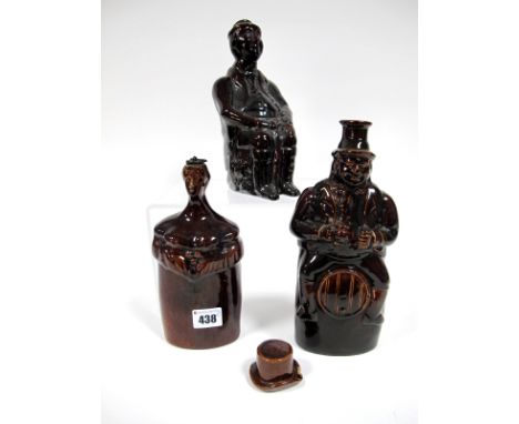 A Mid XIX Century Treacle Glazed Stoneware Flask, modelled as a gentleman seated astride a barrel, holding a jug and a glass,