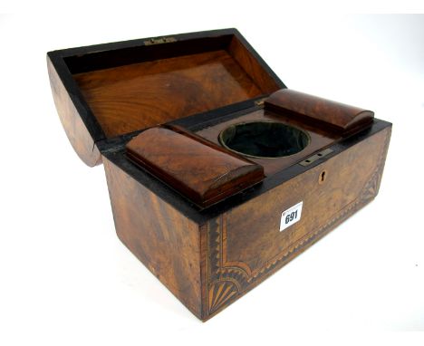 A Victorian Walnut Inlaid Dome Topped Tea Caddy, with lidded compartments to the interior.