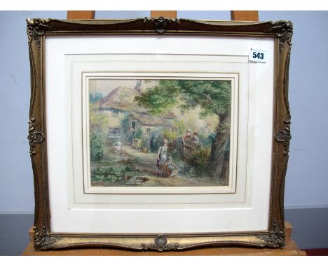 •W. TURNER (British School, XX Century) A Cottage Garden, with children playing and women at a fence, watercolour, signed low