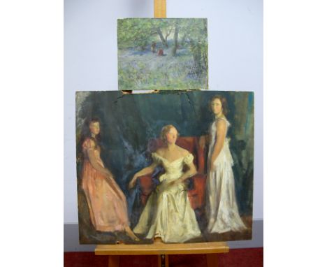 BRITISH SCHOOL (Early XX Century) Bluebell woods with Children Playing, oil on board, 25.5 x 32cm; Another; A Family Group Po