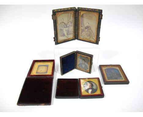 A XIX Century Continental Oval Miniature Portrait of a Gentleman, plush lined leather case; a leather cased Daguerreotype por