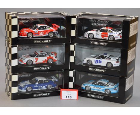 Minichamps. Six Porsche 911 GT3 Cup diecast model cars in 1:43 scale. All of the models are limited editions, boxed and E. (6