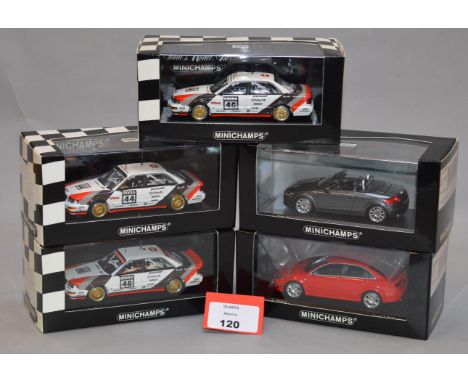 Minichamps. Five Audi diecast model cars in 1:43 scale, including V8 DTM, RS4 and TT Roadster variants. All of the models are