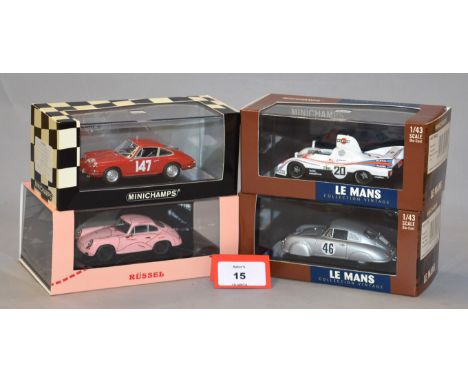 Minichamps. Four Porsche diecast model cars in 1:43 scale including 430 656747 Porsche 911, a Porsche 356C Coupe 'Pink Pig' a