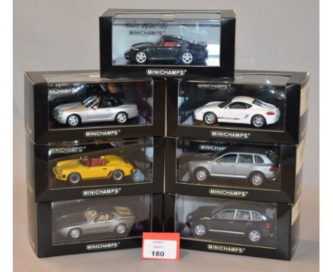 Minichamps. Seven Porsche diecast model cars in 1:43 scale including 911 Speedster and Turbo, 944 S2, 968 Cabriolet, Cayman S