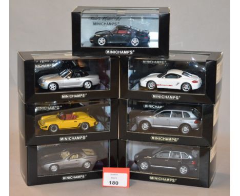 Minichamps. Seven Porsche diecast model cars in 1:43 scale including 911 Speedster and Turbo, 944 S2, 968 Cabriolet, Cayman S