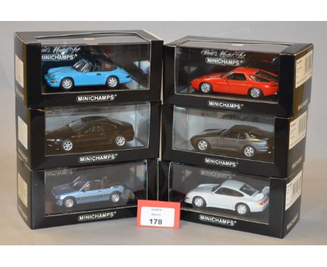 Minichamps. Four Porsche diecast model cars in 1:43 scale including 911 Targa, 911 RS, 968 CS and 928 S4 variants together wi