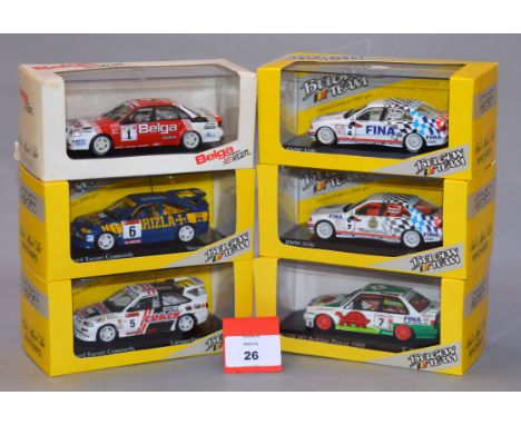 Minichamps. Six 'Belgian Team' diecast model cars in 1:43 scale including Ford Escort Cosworth, BMW M3 and BMW 318i models. A