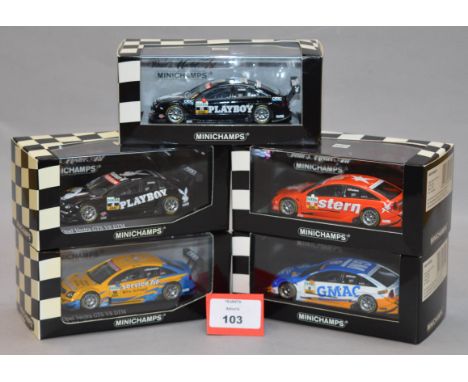 Minichamps. Five Opel Vectra GTS V8 diecast model cars in 1:43 scale, DTM 2004 and 2005. All of the models are limited editio