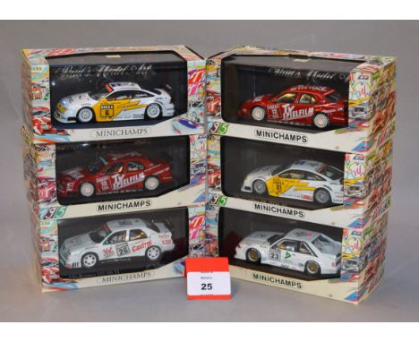 Minichamps. Six diecast model cars in 1:43 scale including three Alfa Romeo 155V6 TI, two Opel Calibra V6 4x4 and a Ford Must